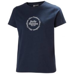 Koszulka damska Helly Hansen Core Graphic 2.0. Niebieskie koszulki sportowe damskie Helly Hansen, bez wzorów, bez kołnierzyka, bez ramiączek. Za 143.95 zł.