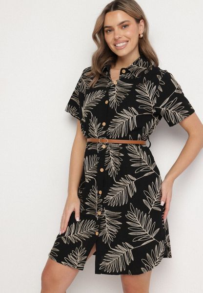 Czarna Koszulowa Sukienka z Bawełny w Liście z Paskiem Eveledia. Czarne sukienki damskie Born2be, na co dzień, na lato, xl, bez wzorów, z bawełny, eleganckie, bez kołnierzyka, bez ramiączek, mini, koszulowe. Za 109.99 zł.