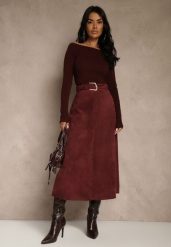 Bordowa Spódnica z Wiskozy z Bawełną z Imitacji Zamszu z Paskiem Oliweda. Czerwone spódnice damskie Renee, l, bez wzorów, z bawełny, midi. Za 139.99 zł.