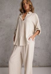 Jasnobeżowy Komplet z Wiskozy i Lnu w Delikatne Prążki Koszula i Spodnie Wide Leg Cliffesa. Brązowe koszule damskie Renee, l, bez wzorów, ze lnu. Za 209.99 zł.