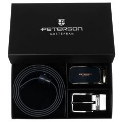 Zestaw prezentowy: dwustronny pasek skórzany w granatowym i czarnym kolorze Peterson PTN KL-B016S001 N. Czarne paski damskie Peterson, bez wzorów, ze skóry, eleganckie. Za 139.99 zł.