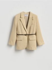 Marynarka z paskiem - beżowy. Brązowe żakiety damskie Reserved, l, bez wzorów, z tkaniny. Za 229.99 zł.