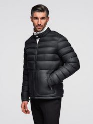 Pikowana klasyczna kurtka męska ze stójką – czarna V1 - Rozmiar: XXL. Czarne kurtki męskie Ombre Clothing, m, bez wzorów, z materiału, klasyczne, bez kaptura. Za 339.99 zł.