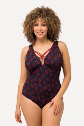 Damski Kostium kąpielowy kwiaty ozdobne tasiemki miękkie miseczki. Niebieskie kostiumy jednoczęściowe damskie Ulla Popken, plus size, bez wzorów, z elastanu, plus size, do pływania. Za 201.99 zł.