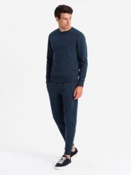 Komplet dresowy bawełniany męski BASIC bluza nierozpinana + joggery – granatowy V1 - Rozmiar: M. Niebieskie bluzy męskie Ombre Clothing, m, bez wzorów, z bawełny, bez kaptura. Za 269.99 zł.