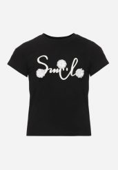 Czarna Bawełniana Koszulka T-shirt z Brokatowym Napisem i Kwiatami 3D Azavia. Czarne bluzki dla dziewczynek Born2be, z aplikacjami, z bawełny, bez kołnierzyka, bez ramiączek. Za 29.99 zł.