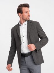Elegancka marynarka męska z dekoracyjnymi guzikami na mankietach - grafitowa V1 OM-BLZB-0114 - XXL. Szare marynarki męskie Ombre Clothing, bez wzorów, z poliesteru, eleganckie. W wyprzedaży za 149.99 zł.