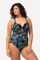 Damski Kostium kąpielowy błyszczący materiał miękkie miseczki fiszbiny. Czarne kostiumy jednoczęściowe damskie Ulla Popken, plus size, bez wzorów, z elastanu, plus size, do pływania. Za 223.99 zł.