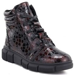 Skórzane botki damskie lakierowane kroko bordowe eVento 5BT17-9315. Czerwone botki damskie eVento, z lakierowanej skóry, bez obcasa, na koturnie, bez zapięcia. Za 209.99 zł.