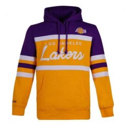 Bluza z kapturem Los Angeles Lakers NBA Head Coach. Fioletowe bluzy sportowe męskie Mitchell & Ness, bez wzorów, z kapturem, do koszykówki. Za 447.50 zł.