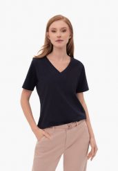 Granatowa koszulka z dekoltem w serek T-LEA. Niebieskie t-shirty damskie Volcano, m, bez wzorów, z bawełny, klasyczne, bez kołnierzyka. Za 54.99 zł.