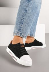 Czarne Skórzane Trampki na Płaskiej Podeszwie ze Skórzaną Wkładką i Kontrastowym Noskiem Helili. Czarne trampki i tenisówki damskie Born2be, bez wzorów, z jeansu, bez zapięcia. Za 79.99 zł.