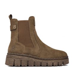 Botki Rieker. Brązowe botki damskie Rieker, bez obcasa, na koturnie, bez zapięcia. Za 399.99 zł.