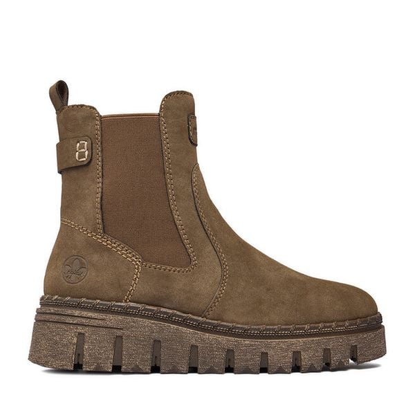 Botki Rieker. Brązowe botki damskie Rieker, bez obcasa, na koturnie, bez zapięcia. Za 399.99 zł.