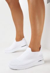 Białe Wsuwane Buty Sportowe z Elastyczną Skarpetkową Cholewką Abragail. Białe obuwie sportowe damskie Born2be, bez wzorów. Za 49.99 zł.