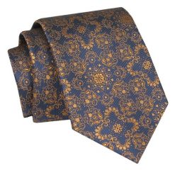 Krawat - ALTIES - Ciemnozłoty, Orientalny Wzór. Niebieskie krawaty i muchy Alties, bez wzorów, z tkaniny, eleganckie. Za 49.00 zł.