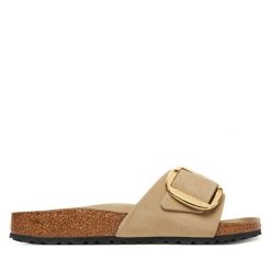 Klapki Birkenstock. Brązowe klapki damskie Birkenstock, bez wzorów, bez obcasa. Za 469.99 zł.