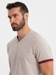 T-shirt męski z kontrastowymi wstawkami i dekoltem w serek beżowy V2 OM-TSCT-0198 M. Brązowe t-shirty męskie Ombre, m, bez wzorów, bez kołnierzyka. Za 196.65 zł.