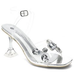 Sandały damskie Scaviola, transparentna cholewka z dekoracyjnymi kryształami regulowany pasek przy kostce, silver, H-21. Szare paski damskie Sca'viola, bez wzorów, bez obcasa, na obcasie, bez zapięcia. Za 269.00 zł.