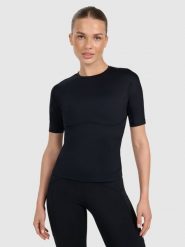 4F Koszulka treningowa slim szybkoschnąca damska - czarna M. Czarne koszulki sportowe damskie 4f, m, bez wzorów, z elastanu, bez kołnierzyka, bez ramiączek, na fitness i siłownię. Za 129.99 zł.