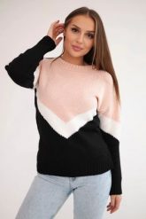 Sweter w geometryczne wzory pudrowy róż+czarny. Czarne swetry damskie KESI, na zimę, l, bez wzorów, z wełny, klasyczne, bez kołnierzyka, plus size, bez ramiączek, bez kaptura. Za 158.92 zł.