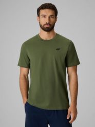 4F T-shirt regular gładki męski - oliwkowy M. Brązowe t-shirty męskie 4f, m, bez wzorów, z bawełny, biznesowe, bez kołnierzyka. Za 49.99 zł.