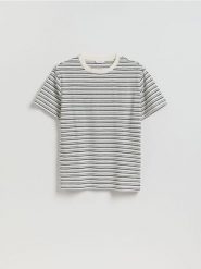 T-shirt comfort w paski - granatowy. Niebieskie t-shirty męskie Reserved, l, bez wzorów, z bawełny, bez kołnierzyka. Za 79.99 zł.