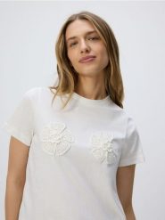 T-shirt z szydełkowanymi aplikcjami - złamana biel. T-shirty damskie Reserved, l, bez wzorów, z bawełny, bez kołnierzyka. W wyprzedaży za 49.99 zł.