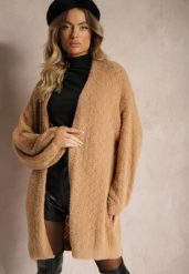 Beżowy Sweter o Długim Fasonie z Dekoltem V i Ozdobnym Splotem Jovima. Brązowe kardigany damskie Renee, na zimę, bez wzorów, ze splotem, bez kołnierzyka, bez ramiączek, długie, bez kaptura. Za 79.99 zł.