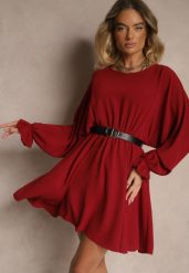 Bordowa Rozkloszowana Sukienka z Gumką w Talii i przy Mankietach Tesunela. Czerwone sukienki damskie Renee, na co dzień, bez wzorów, eleganckie, bez kołnierzyka, bez ramiączek, mini, rozkloszowane. Za 69.99 zł.