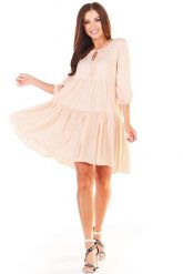 Sukienka Mini w Stylu Boho - Beżowa. Brązowe sukienki damskie Awama, l, bez wzorów, z elastanu, boho, bez kołnierzyka, bez ramiączek, mini, rozkloszowane. Za 241.90 zł.