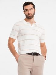 Koszulka polo męska w poziome paski z wiskozą biało-beżowa V4 OM-POSS-0145 L. Białe koszulki polo męskie Ombre, l, bez wzorów, z wiskozy, bez ramiączek. Za 302.57 zł.