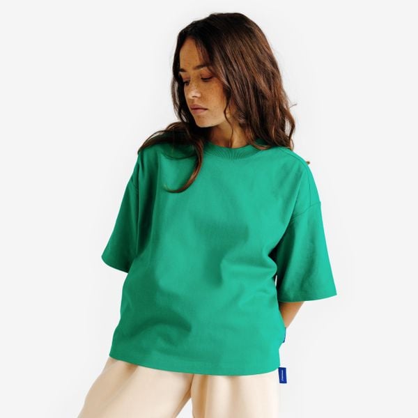 Koszulka oversize damska typu crop. Zielone t-shirty damskie Decathlon, xs, bez wzorów, z bawełny, bez kołnierzyka. Za 49.99 zł.
