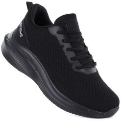 Buty sportowe na platformie czarne NEWS 254. Czarne obuwie sportowe damskie NEWS, bez wzorów, z materiału. Za 139.99 zł.