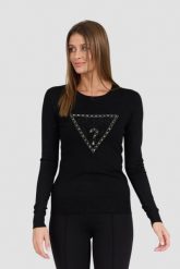 GUESS Czarny damski sweter Rylie Triangle Logo, Rozmiar M. Czarne swetry damskie Guess, m, z aplikacjami, z elastanu, klasyczne, bez kołnierzyka, bez ramiączek, długie, bez kaptura. W wyprzedaży za 322.99 zł.