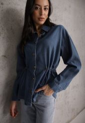 Niebieska Koszula z Bawełny Ściągana w Talii Troczkami Hettia. Niebieskie bluzki damskie Renee, l, bez wzorów, z bawełny, eleganckie, bez kołnierzyka, bez ramiączek. Za 119.99 zł.