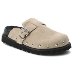 Klapki damskie Big Star, cholewka ze skóry naturalnej zamszowej z regulowanym paskiem i sprzączką, beżowe, RR274A376. Brązowe klapki damskie Big Star, bez wzorów, ze skóry, retro, bez obcasa. Za 215.90 zł.