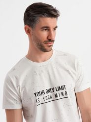 Męski t-shirt z nadrukiem i okrągłym dekoltem biały V1 OM-TSFP-0187 XXL. Białe t-shirty męskie Ombre, m, bez wzorów, bez kołnierzyka. Za 166.41 zł.