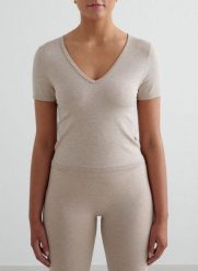 Damski T-shirt bezszwowy, modelujący, dekolt V Shape Seamless beżowy melanż. Brązowe t-shirty damskie Aim'n, m, bez wzorów, z dzianiny, klasyczne, bez kołnierzyka. Za 127.20 zł.