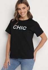 Czarny T-shirt Bawełniany z Napisem i Perełkami Nalinor. Czarne bluzki damskie Born2be, m, bez wzorów, z bawełny, eleganckie, bez kołnierzyka. Za 34.99 zł.