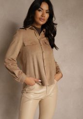 Beżowa Koszula z Imitacji Zamszu z Klapami Retilda. Brązowe bluzki damskie Renee, m, bez wzorów, z jeansu, eleganckie, bez kołnierzyka, bez ramiączek. Za 129.99 zł.