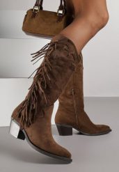 Brązowe Kozaki Typu Kowbojki na Stożkowym Obcasie z Frędzlami Reissana. Brązowe kozaki damskie Born2be, z jeansu, bez obcasa, na obcasie. Za 169.99 zł.