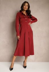 Bordowa Koszulowa Sukienka o Rozkloszowanym Kroju z Gumką w Pasie i Imitacją Kieszeni Etaviela. Czerwone sukienki damskie Renee, na co dzień, l, bez wzorów, eleganckie, bez kołnierzyka, bez ramiączek, midi, kopertowe. Za 149.99 zł.