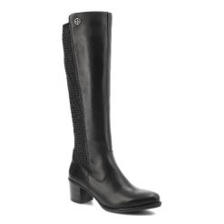 Czarne Kozaki Rieker Modne Obuwie Damskie. Czarne kozaki damskie Rieker, ze skóry, bez obcasa, na obcasie. Za 416.99 zł.