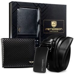 Zestaw prezentowy: skórzany portfel męski w czarnym kolorze i pasek ze skóry naturalnej - Peterson. Czarne paski damskie bez wzorów, ze skóry. Za 133.99 zł.