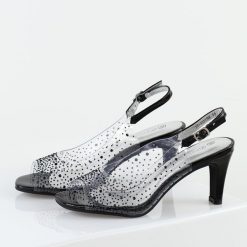 Czarne silikonowe sandały damskie na szpilce z ozdobą, transparentne Potocki 43317. Czarne sandały damskie POTOCKI, z aplikacjami, ze skóry, bez obcasa, na szpilce, bez zapięcia. Za 159.00 zł.