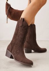 Brązowe Botki Kowbojki na Słupku z Ażurową Cholewką Ravsemi. Brązowe botki damskie Renee, z jeansu, bez obcasa, na obcasie, bez zapięcia. Za 159.99 zł.
