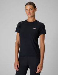 4F Koszulka trekkingowa z włókna bambusowego damska - czarna L. Czarne t-shirty damskie 4f, l, bez wzorów, z materiału, klasyczne, bez kołnierzyka. Za 119.99 zł.