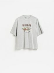 T-shirt boxy z nadrukiem - jasnoszary. Szare t-shirty męskie Reserved, l, bez wzorów, z bawełny, bez kołnierzyka. Za 69.99 zł.
