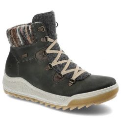 Botki damskie Rieker, cholewka ze skóry ekologicznej z tekstylnym kołnierzem i metalowymi oczkami sznurowania gruba podeszwa z wyraźnym ząbkowanym pr. Zielone botki damskie Rieker, z dzianiny, bez obcasa, bez zapięcia. Za 279.00 zł.